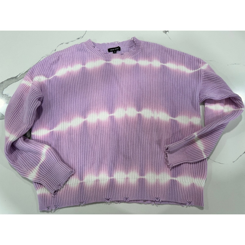 Dear John Ribbed Tie Dye Distressed Sweater Purple White Cotton M